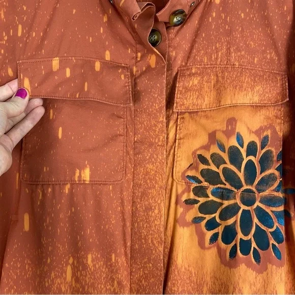 Vintage Upcycled Jacket Womens Size Large Handmade Stencil Floral Orange Brown - Picture 12 of 16